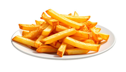 Golden, crispy french fries piled high on a white plate