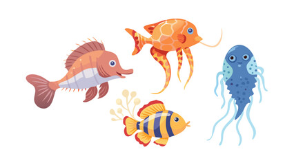 Exotic sea animals. Cartoon tropical underwater fish, jellyfish and seahorse, saltwater creatures flat vector illustration set. Tropical ocean fauna .Cartoon cute tropical ocean fishes. Sea fish vect
