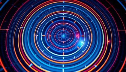 Abstract blue radar screen with concentric circles and glowing lines, pattern, interface