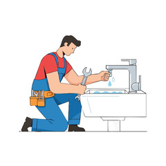 A male plumber in blue overalls kneels to fix a dripping faucet with a wrench, emphasizing home repair and plumbing services.