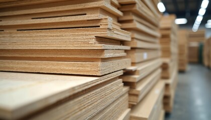 Wooden chipboards stacked in a hardware store. Building materials for construction and furniture. Close-up of a pile of wood panels. Industrial interior storage.