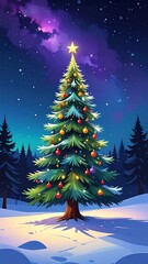 Naklejka premium Christmas tree in snowy forest at night