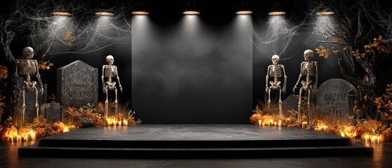 Eerie Halloween Stage with Skeletons Ghostly Decorations and Dim Lighting for Haunted Event or Spooky Celebration