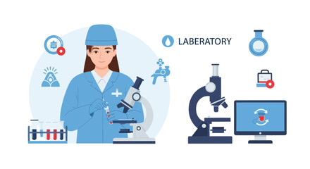 Female Doctor in Lab Coat Holding Microscope Laboratory Equipment.