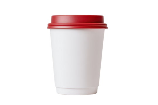 Coffee cup with a red lid, isolated on a white background.