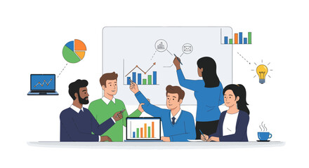 Diverse Team Presenting Business Data on Whiteboard.