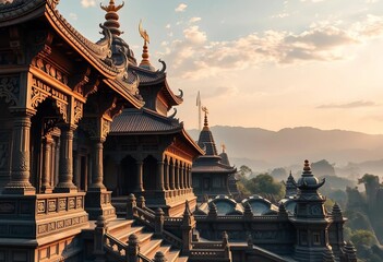 Ancient Asian temples, intricate carvings, serene landscapes, majestic architecture, Asia,  religion