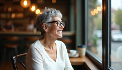 Smiling senior woman sits at cafe near window. Thoughtful mature lady looks at street from coffee shop. Pensioner enjoys city view with hot drink indoors happy and content.