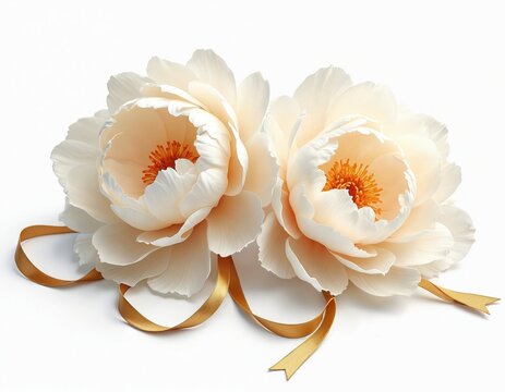 Illustration features delicate white peonies and gold ribbons. Elegant floral design on white background. Perfect for various projects related to romance or events such as weddings.