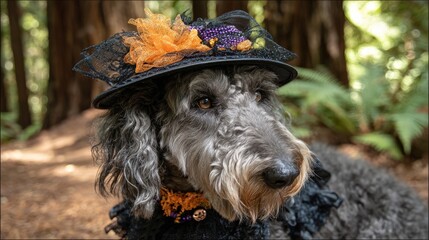 Adorable dog with long curly fur wea a Halloween witch hat decorated with flowers and leaves outdoors in a forest setting