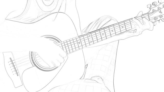 A young person playing an acoustic guitar with a pencil drawing effect