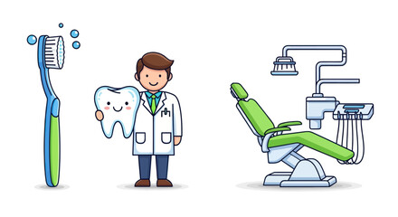 Cartoon Dentist Holding Smiling Tooth with Dental Chair and Toothbrush.