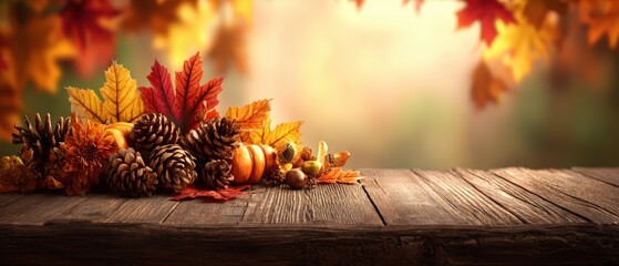 Vibrant autumn decorations with colorful fall leaves pinecones pumpkins and berries on rustic wooden surface in warm sunlight