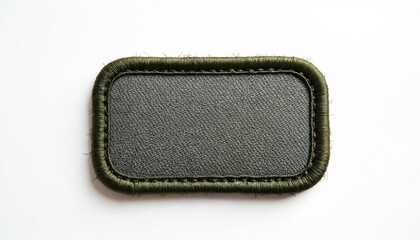 Blank military patch design isolated on white background. Green embroidered detail, close-up shot. Tactical uniform accessory, customizable emblem for various applications