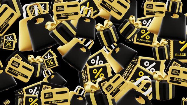 Seamless pattern black friday, gifts, discount cards, and shopping bags. Perfect for holiday promotions, luxury brands, or special events black friday.