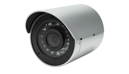 Gray security camera w/ IR LEDs on black background