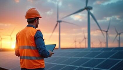 Engineer in safety vest and hard hat checks tablet at solar farm with wind turbines at sunset. Renewable energy industry professional reviews data on green power plant site. Future tech.