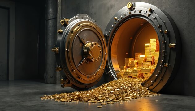 Open bank vault reveals piles of shiny gold coins and bars. Secure storage facility protects immense wealth and financial assets inside a strongroom.