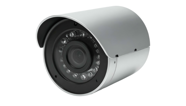 Gray security camera w/ IR LEDs on black background