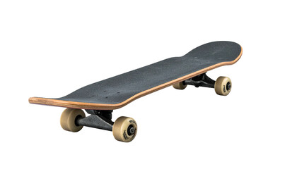 Used skateboard angled against dark backdrop