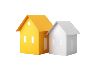 Two stylized houses, one orange, one white, side-by-side, simple design