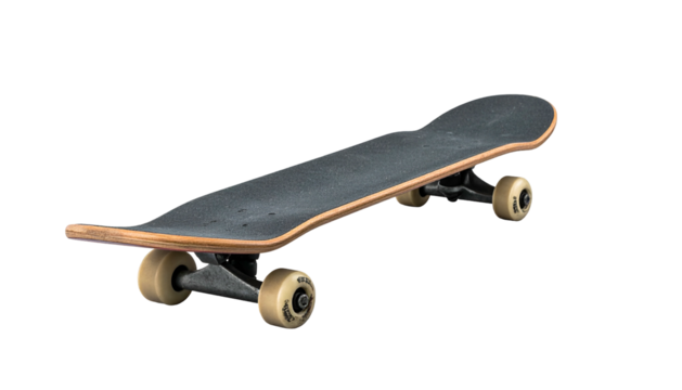 Used skateboard angled against dark backdrop