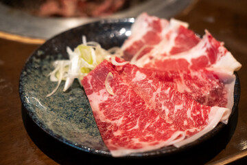 Sliced Negidare wagyu served on plate, a Wagyu beef with a soy based sauce made with green onions or scallions