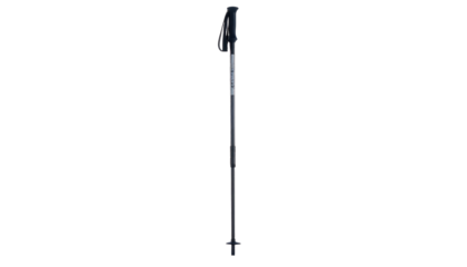 Single dark adjustable hiking pole on isolated black background