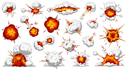 Collection of cartoon comic explosions with smoke and fire effect elements