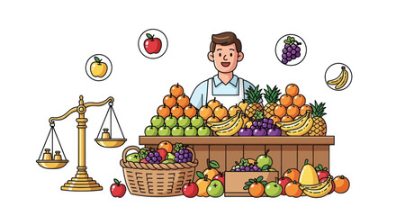 Fruit Stand Vendor with Fresh Produce Display and Balancing Scales Illustration.