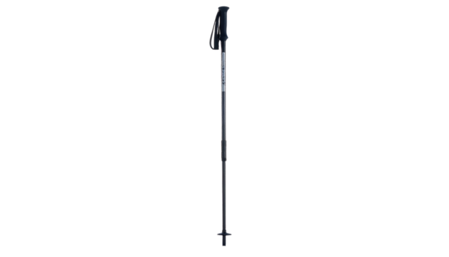 Single dark adjustable hiking pole on isolated black background
