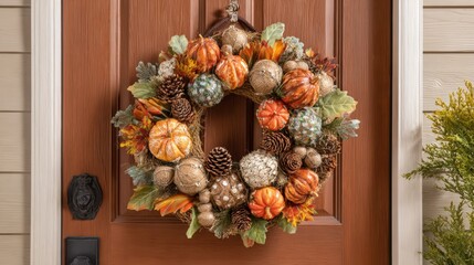 Beautiful Autumn Harvest Wreath Decorated with Pumpkins Pinecones and Colorful Foliage Hanging on Wooden Door Entryway