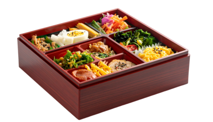 Bento box with various Asian food items in arranged compartments