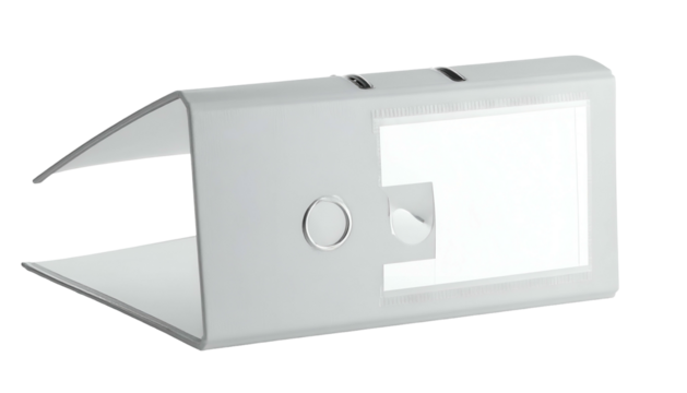 Angled, white, metallic device with square screen and round button