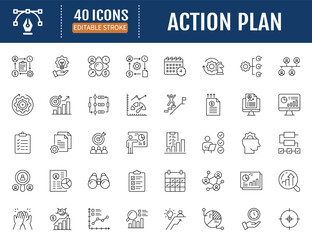 Action plan icon set. Includes goal, strategy,objective, timeline, resource, priority, schedule,milestone, deadline and more. Vector Illustrationwith Editable Strokes