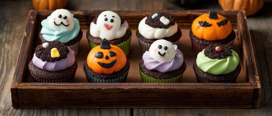 Wide variety of colorful Halloween themed cupcakes decorated with spooky faces ghosts pumpkins and bats for festive celebration