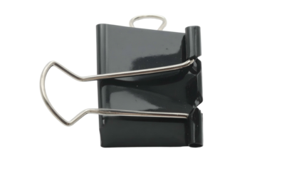 Shiny black binder clip with silver metal handles, isolated