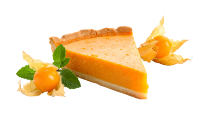 Slice of pumpkin pie with cape gooseberries and mint sprigs