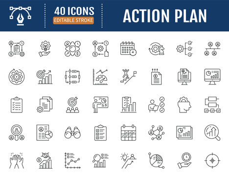 Action plan icon set. Includes goal, strategy,objective, timeline, resource, priority, schedule,milestone, deadline and more. Vector Illustrationwith Editable Strokes