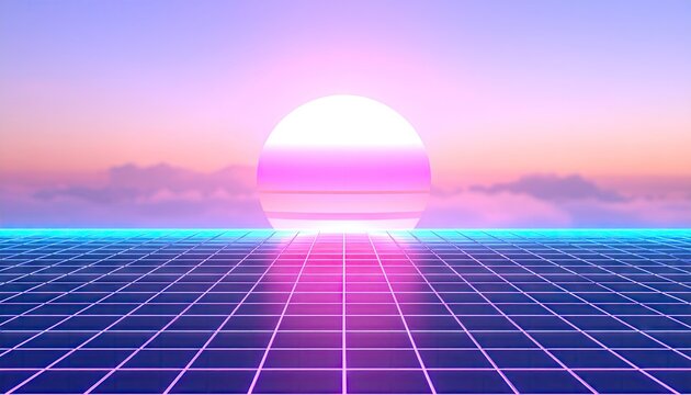 Vaporwave Sunrise Orb Over Thin Grid Pastel Haze