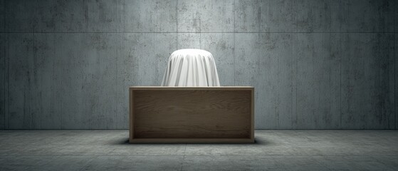 Minimalist empty stage with a white cloth draped over an object behind a wooden table against a concrete wall background