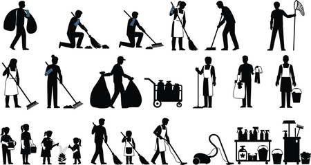 Obraz premium Cleaning worker silhouettes, janitor with mop, broom, vacuum cleaner, spray bottle, trash bag, cleaning cart, domestic chores, cad drawing flat vector illustration