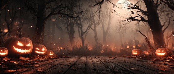 Spooky Halloween Forest Scene with Glowing Jack-o-Lanterns and Bare Trees at Night for Haunted Holiday Decoration