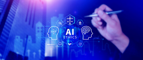 AI ethics expert guides the way, balancing artificial intelligence with humanity, Icons related AI ethics, symbols of legal scales, security, ethical standards and regulations in AI technology.