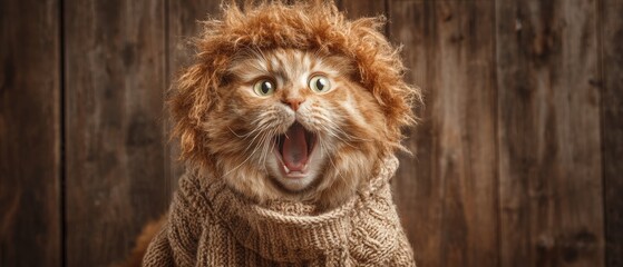 Hilarious cat with exaggerated facial expression wea a cozy sweater in front of rustic wooden background