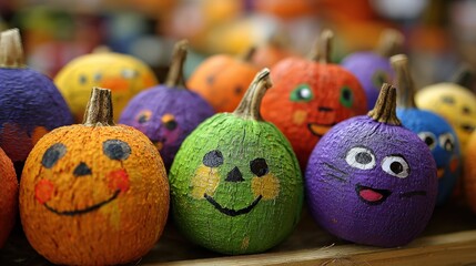 Colorful Halloween themed decorative pumpkins with spooky and fun faces stacked together for celebration or fall seasonal decor