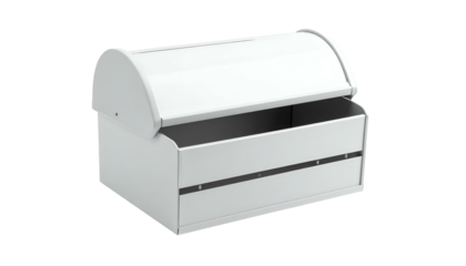 White, metal storage chest with a curved, lifting lid