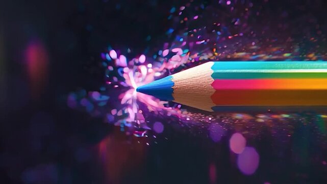 Creative Spark Colorful Pencil Exploding with Light and Energy.