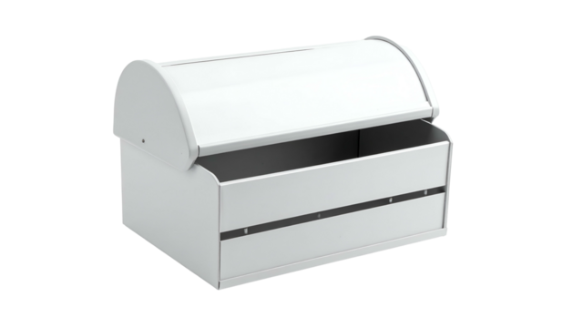 White, metal storage chest with a curved, lifting lid