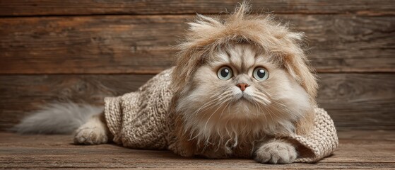 Adorable fluffy kitten with long fur wea a cozy sweater lying on wooden floor against rustic wooden background